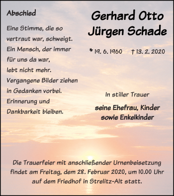 Traueranzeige von Gerhard Otto Jürgen Schade von Strelitzer Zeitung