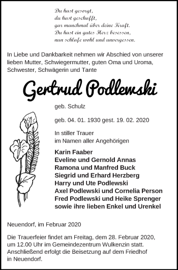 Traueranzeige von Gertrud Podlewski von Neubrandenburger Zeitung