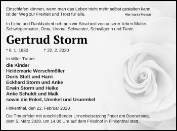 Traueranzeige von Gertrud Storm von Mecklenburger Schweiz