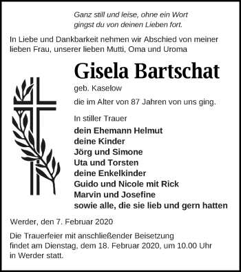 Traueranzeige von Gisela Bartschat von Neubrandenburger Zeitung