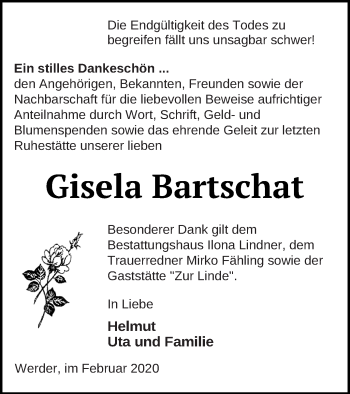 Traueranzeige von Gisela Bartschat von Neubrandenburger Zeitung