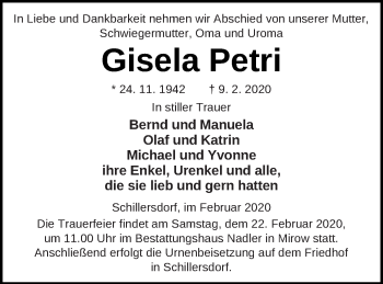 Traueranzeige von Gisela Petri von Strelitzer Zeitung