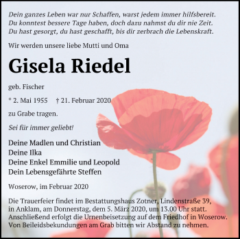 Traueranzeige von Gisela Riedel von Vorpommern Kurier