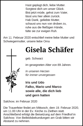 Traueranzeige von Gisela Schäfer von Vorpommern Kurier