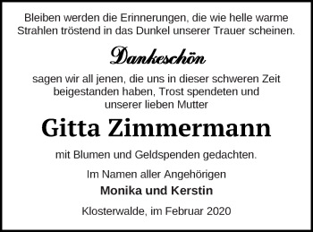 Traueranzeige von Gitta Zimmermann von Templiner Zeitung