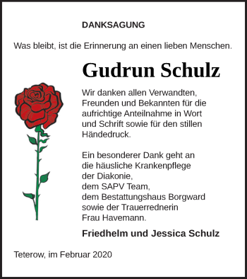 Traueranzeige von Gudrun Schulz von Mecklenburger Schweiz