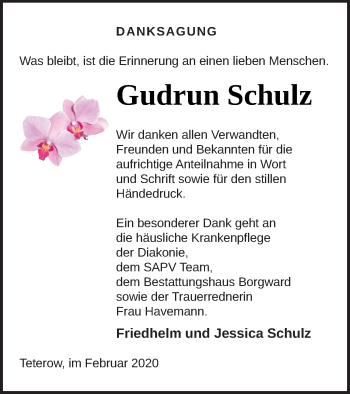 Traueranzeige von Gudrun Schulz von Mecklenburger Schweiz