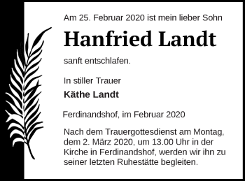 Traueranzeige von Hanfried Landt von Haff-Zeitung