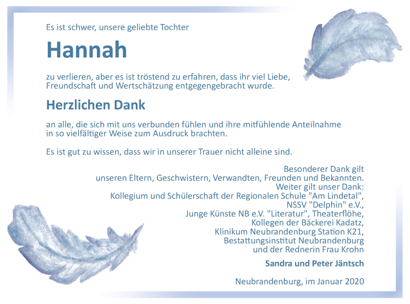 Traueranzeige für Hannah Jäntsch vom 08.02.2020 aus Neubrandenburger Zeitung