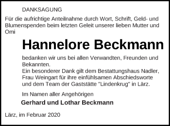 Traueranzeige von Hannelore Beckmann von Strelitzer Zeitung