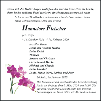 Traueranzeige von Hannelore Fleischer von Pasewalker Zeitung