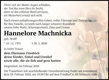 Traueranzeige von Hannelore Machnicka von Müritz-Zeitung