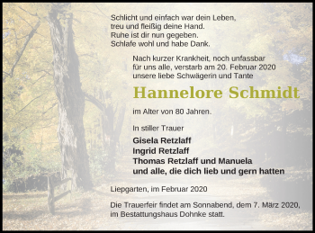 Traueranzeige von Hannelore Schmidt von Haff-Zeitung