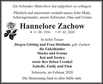 Traueranzeige von Hannelore Zachow von Zeitung für die Landeshauptstadt