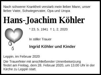 Traueranzeige von Hans-Joachim Köhler von Strelitzer Zeitung