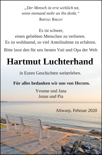 Traueranzeige von Hartmut Luchterhand von Haff-Zeitung