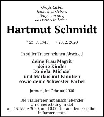 Traueranzeige von Hartmut Schmidt von Vorpommern Kurier
