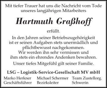 Traueranzeige von Hartmuth Graßhoff von Zeitung für die Landeshauptstadt