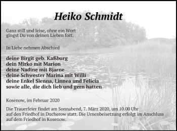 Traueranzeige von Heiko Schmidt von Vorpommern Kurier