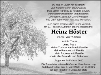 Traueranzeige von Heinz Höster von Haff-Zeitung