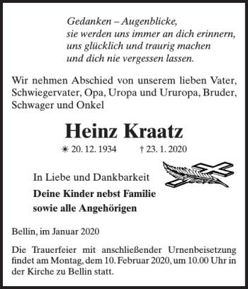 Traueranzeige von Heinz Kraatz von Güstrower Anzeiger