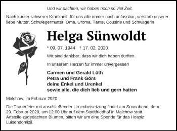 Traueranzeige von Helga Sünwoldt von Müritz-Zeitung