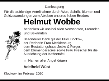 Traueranzeige von Helmut Wobbe von Prenzlauer Zeitung