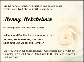 Traueranzeige von Henny Holzheimer von Prenzlauer Zeitung