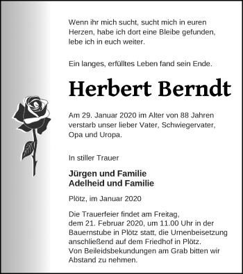 Traueranzeige von Herbert Berndt von Vorpommern Kurier