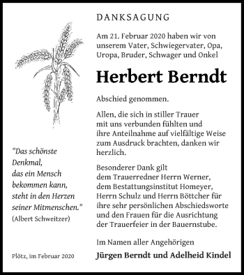 Traueranzeige von Herbert Berndt von Vorpommern Kurier