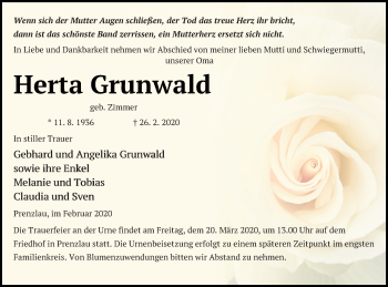 Traueranzeige von Herta Grunwald von Müritz-Zeitung