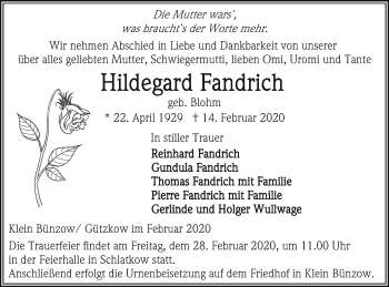 Traueranzeige von Hildegard Fandrich von Vorpommern Kurier