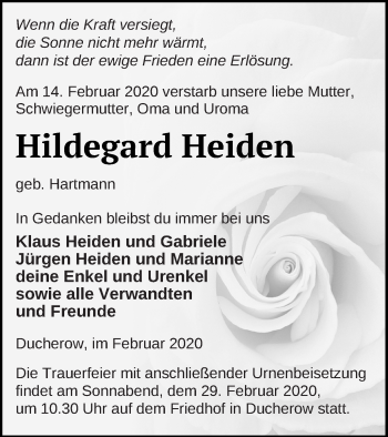 Traueranzeige von Hildegard Heiden von Vorpommern Kurier