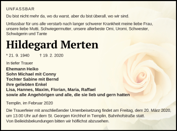 Traueranzeige von Hildegard Merten von Templiner Zeitung