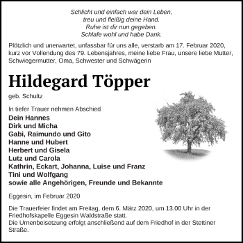 Traueranzeige von Hildegard Töpper von Haff-Zeitung