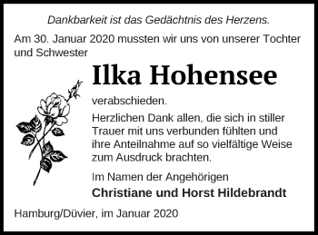 Traueranzeige von Ilka Hohensee von Vorpommern Kurier