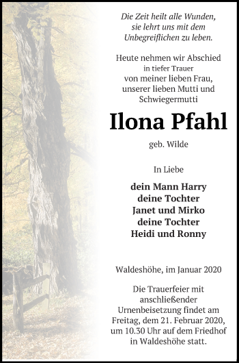 Traueranzeige von Ilona Pfahl von Pasewalker Zeitung