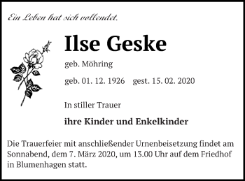 Traueranzeige von Ilse Geske von Pasewalker Zeitung