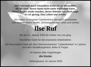 Traueranzeige von Ilse Ruf von Prenzlauer Zeitung