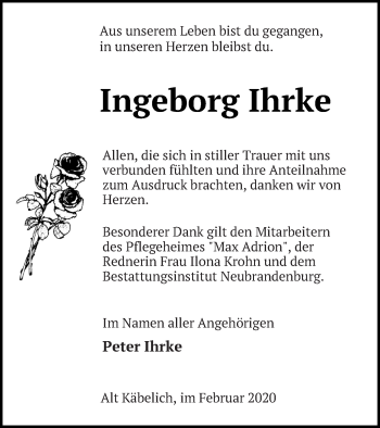 Traueranzeige von Ingeborg Ihrke von Neubrandenburger Zeitung