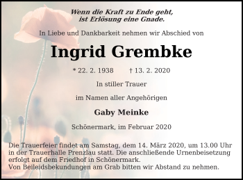 Traueranzeige von Ingrid Grembke von Prenzlauer Zeitung