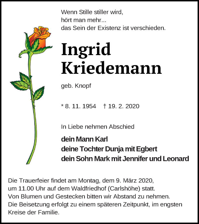  Traueranzeige für Ingrid Kriedemann vom 28.02.2020 aus Neubrandenburger Zeitung