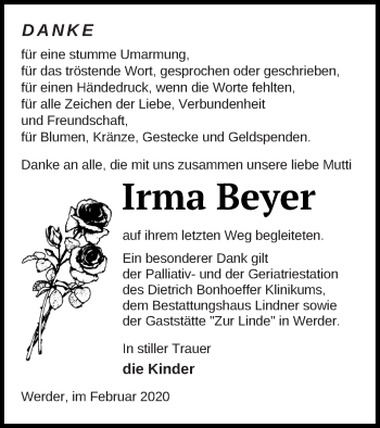 Traueranzeige von Irma Beyer von Neubrandenburger Zeitung