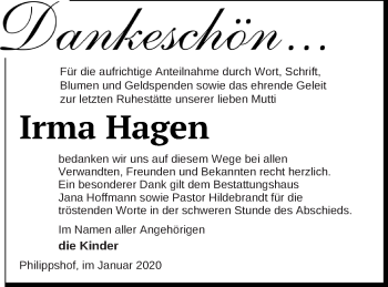 Traueranzeige von Irma Hagen von Demminer Zeitung