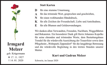 Traueranzeige von Irmgard Melzer von Zeitung für die Landeshauptstadt