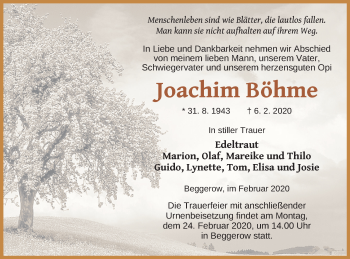 Traueranzeige von Joachim Böhme von Demminer Zeitung