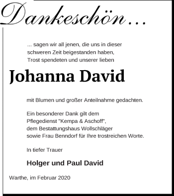 Traueranzeige von Johanna David von Templiner Zeitung