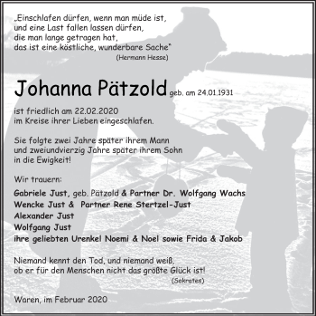 Traueranzeige von Johanna Pätzold von Müritz-Zeitung