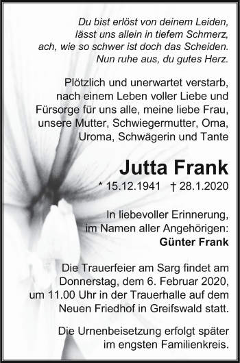 Traueranzeige von Jutta Frank von Müritz-Zeitung