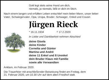Traueranzeige von Jürgen Rieck von Vorpommern Kurier